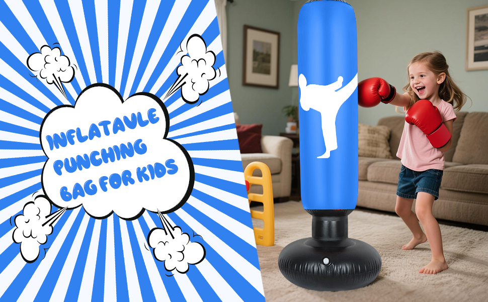 Дитячий боксерський мішок 160 см з рукавичками та насосом, надувний, для занять карате та тхеквондо, ідеальний подарунок для дітей від 6 років (Блакитний)