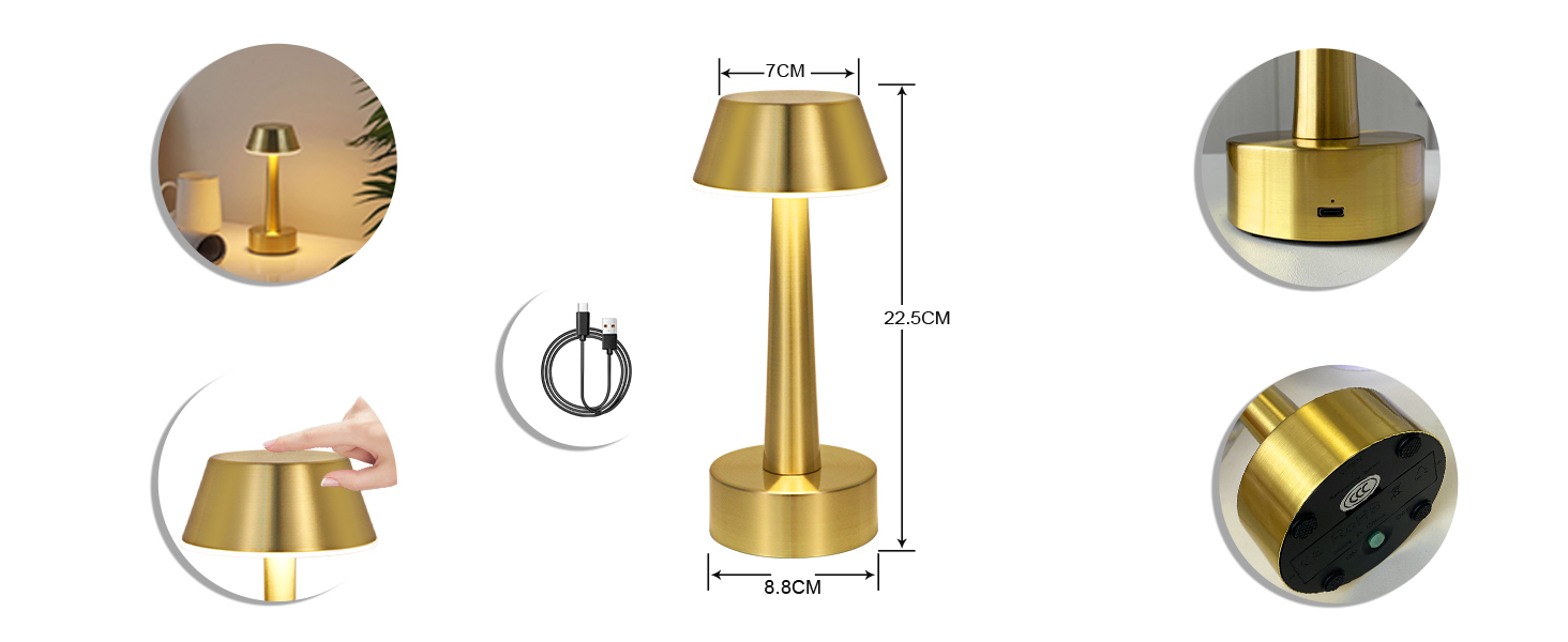 Бездротова лампа OCEST USB, акумуляторна настільна лампа для дому та саду, 3 кольори, сенсорне регулювання яскравості, золота