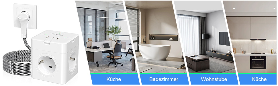 Блок розеток з USB-C, 4 розетки, плоский штекер, індивідуальне вмикання, сплетене кабель 2м для офісу, дому, подорожей - білий