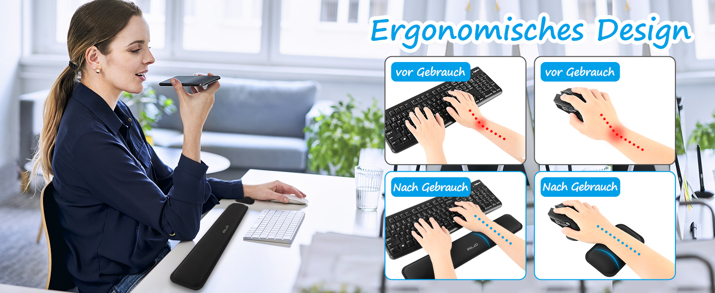 Підставка для зап'ястя ELZO для клавіатури з Memory Foam - ергономічна, проти болю в зап'ясті, для ПК та ноутбука (Чорний)