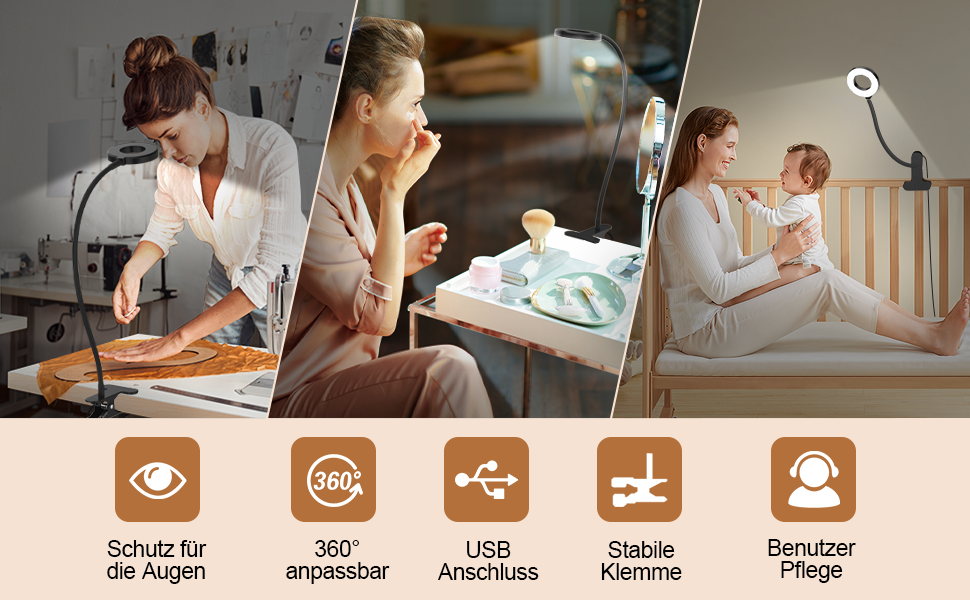 iZELL LED лампа для читання з гнуким світильником - 3 режими, 10 рівнів яскравості, USB-зарядка, 40 см