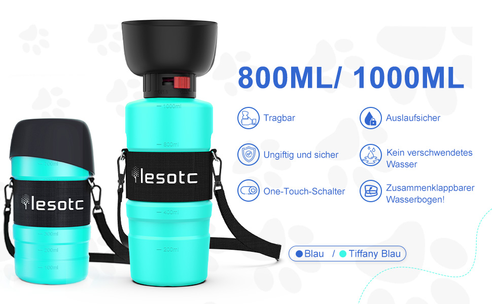 Складана пляшка для води для собак Lesotc 800 мл, блакитний колір, для прогулянок, подорожей та кемпінгу