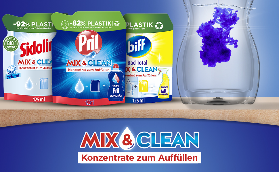 Концентрат для наповнення засобу для миття посуду PRIL Mix & Clean, висока розчинна здатність жиру, для холодної води, свіжий аромат, 9 x 120 мл