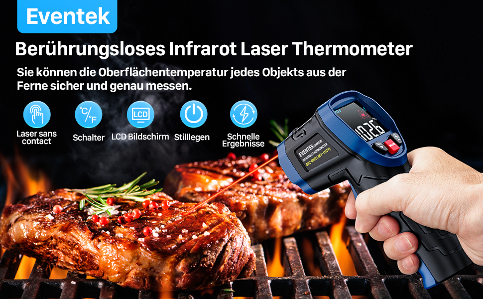 Інфрачервоний термометр Eventek -50°C до 600°C з лазером, регульований коефіцієнт випромінювання, цифровий, для гриля, піци, кухні, промисловості