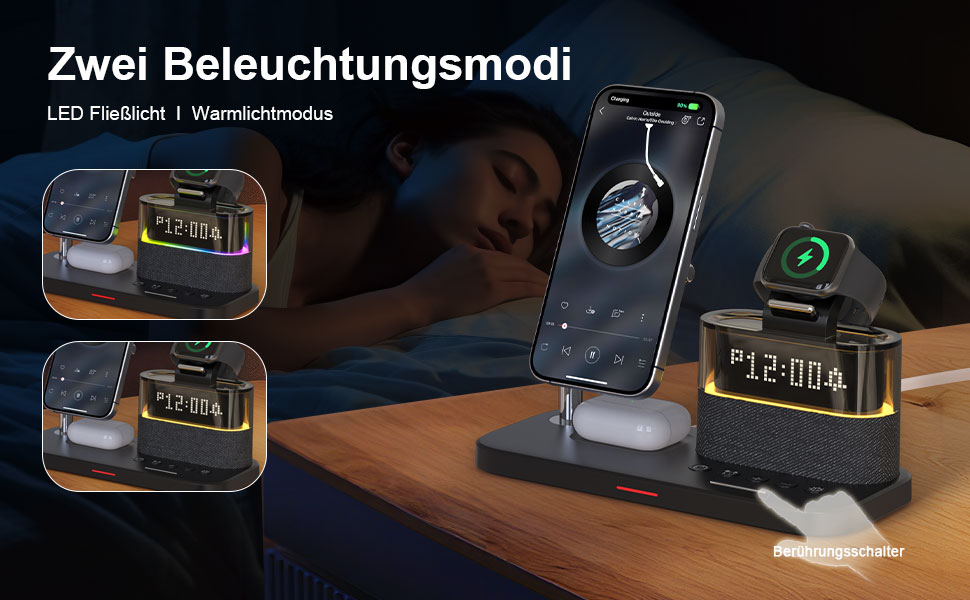 5-в-1 Бездротова зарядна станція з годинником та нічником для iPhone 17/16/15/14/13/12 Pro Max, Apple Watch, AirPods - 33W адаптер, білий