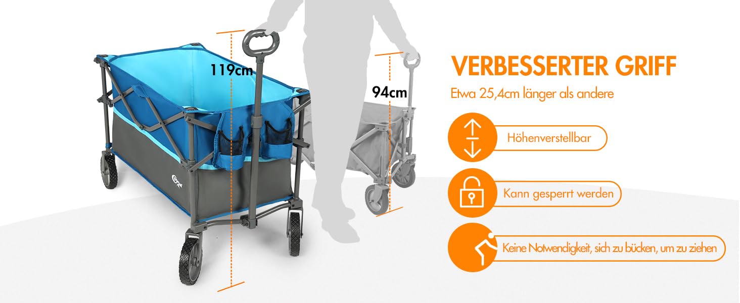 Візок садовий портативний Bollerwagen 300L XXL синій: для кемпінгу, пляжу, транспорту, з підскладником та бічними кишенями, вантажопідйомність 120 кг