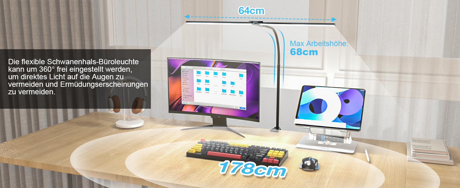 LED лампа настільна для офісу та дому, світло для монітора, 1400 люмен, регульована яскравість, кріплення на кліпсі, світильник для робочого місця, гнусий «лебединий шия», подвійний насадки, 5 режимів кольору та рівнів яскравості, білий колір (чорний, 64 см)