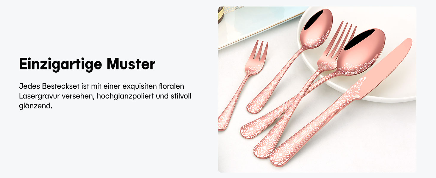 Набір столових приборів на 6 осіб HONKKU, нержавіюча сталь, з ножами для стейку, миючий посуду, з квітковим візерунком (30 предметів, золотий)