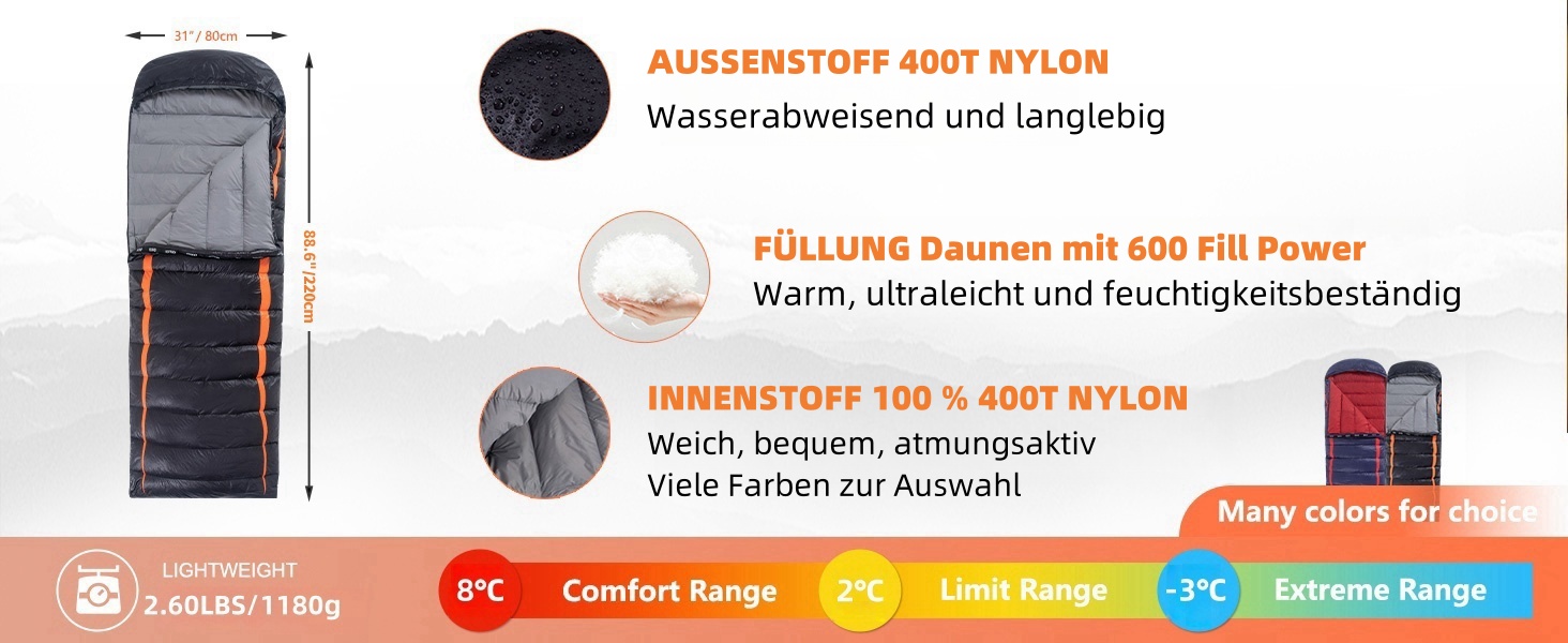 QEZER Ultralight Down Sleeping Bag - 8°C to -3°C for Camping, Hiking, and Trekking - 3 Season Outdoor Sleeping Bag