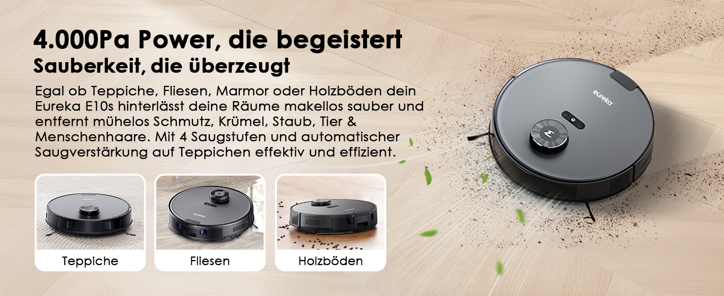 Робот-пилосос EUREKA E10s 2.Gen з вологою тканиною + станція самоочищення (4000Pa, автовизначення килима, підйом мопа, LiDAR-навігація, ідеально проти шерсті тварин, керування через додаток/голос) чорний