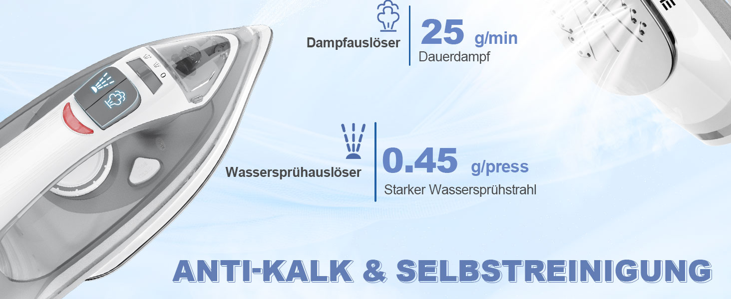 Пароочисник 2300W з антипригарною підошвою, 300 мл резервуар, постійна подача пари 25 г/хв, паровий удар 150 г/хв, самоочищення, захист від накипу та запобігання протіканню. Великий об'єм.
