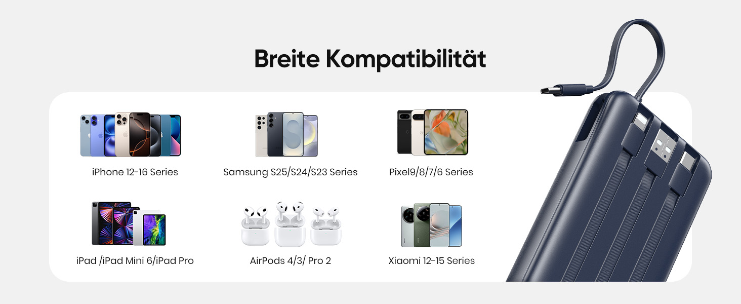 Компактний зовнішній акумулятор ADDTOP 20000mAh з 4 вбудованими кабелями, швидка зарядка 22.5W, рожевий