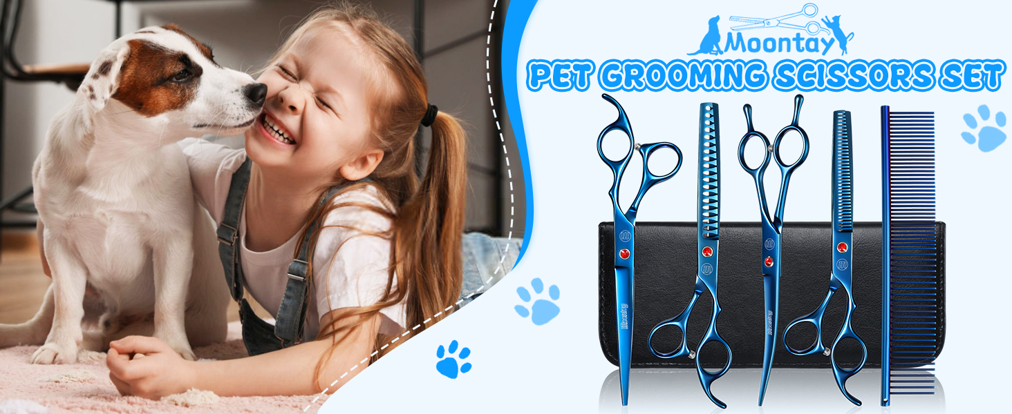 Професійний набір ножиць для грумінгу собак Moontay 7 дюймів (3 ножиці): вигнуті, прямі, розріджувачі (блакитний)