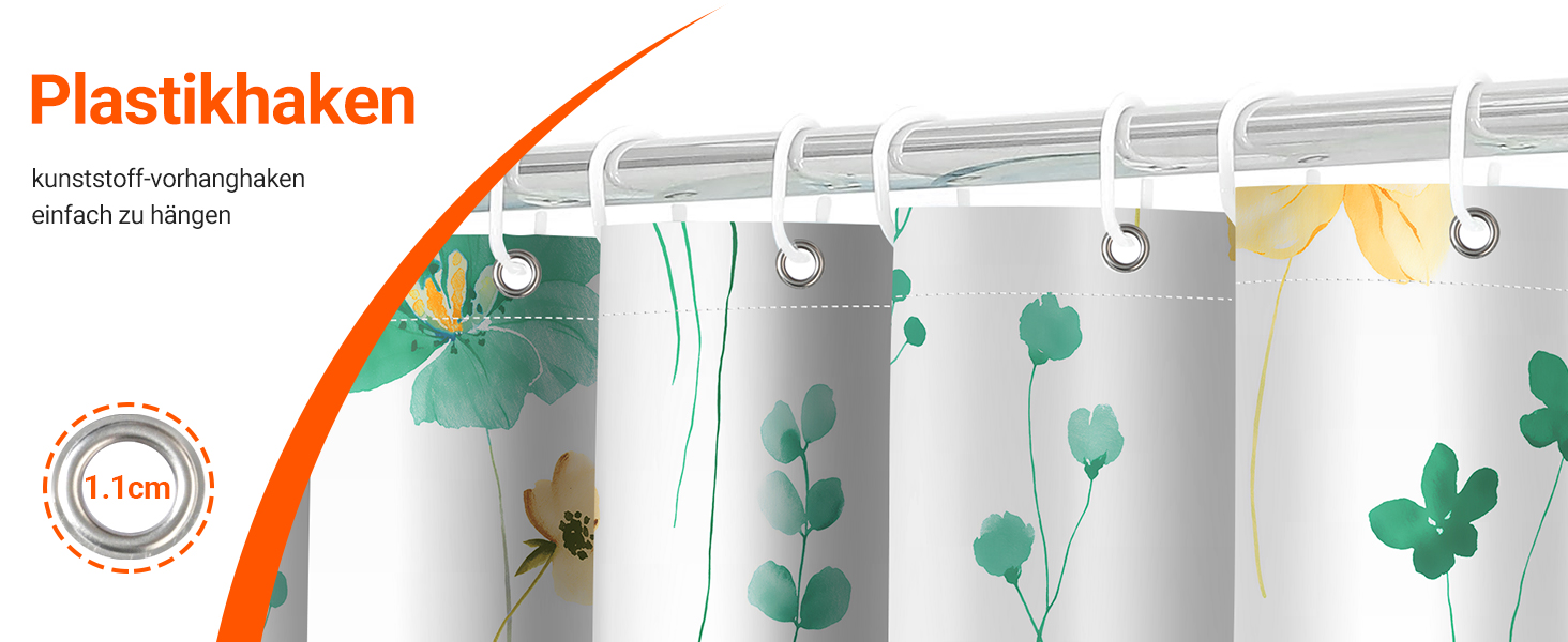 Штора для ванної кімнати 240x200 см, квіти, антигрибкова, водовідштовхувальна, поліестер, з кільцями для душу (М'ятний)