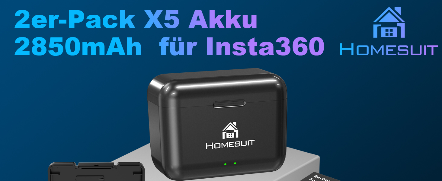 Homesuit Запасний акумулятор Insta360 X5 (2 шт.) 2850mAh + LED-зарядний пристрій з Dual-Slot та Micro SD кардридером (комплект)