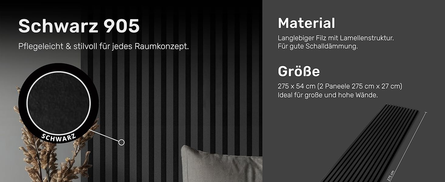 Акустичні панелі на фетрі для стін (набір 2 шт. 275х27 см), колір чорний 905, стінові ламелі 1,485 м²