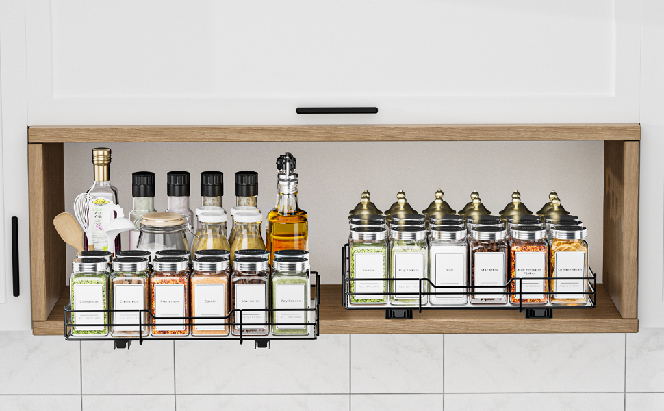 Висувна полиця для спецій у шафу, 2 яруси, регульована висота, чорний колір, органайзер для спецій, органайзер для кухні (32.2x27x6 см)