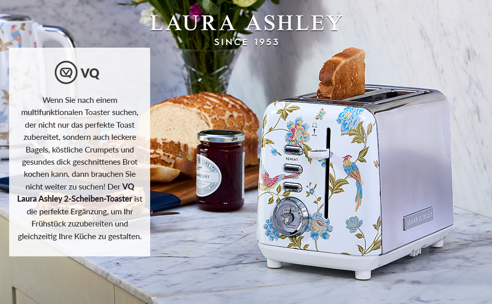 Тостер VQ Laura Ashley з 4-ма тостами, регулюванням нагріву, функціями розморожування та підігріву - модель Elveden White