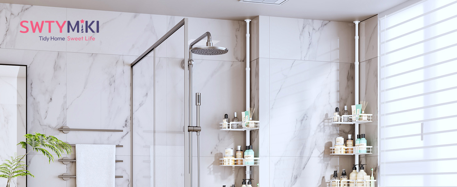 Поличка для душу SWTYMIKI телескопічна, кутова, з мильничкою та тримачем для зубних щіток, 4 гачки, регульована, не потребує свердління, нержавіюча сталь, 70-275 см, білий