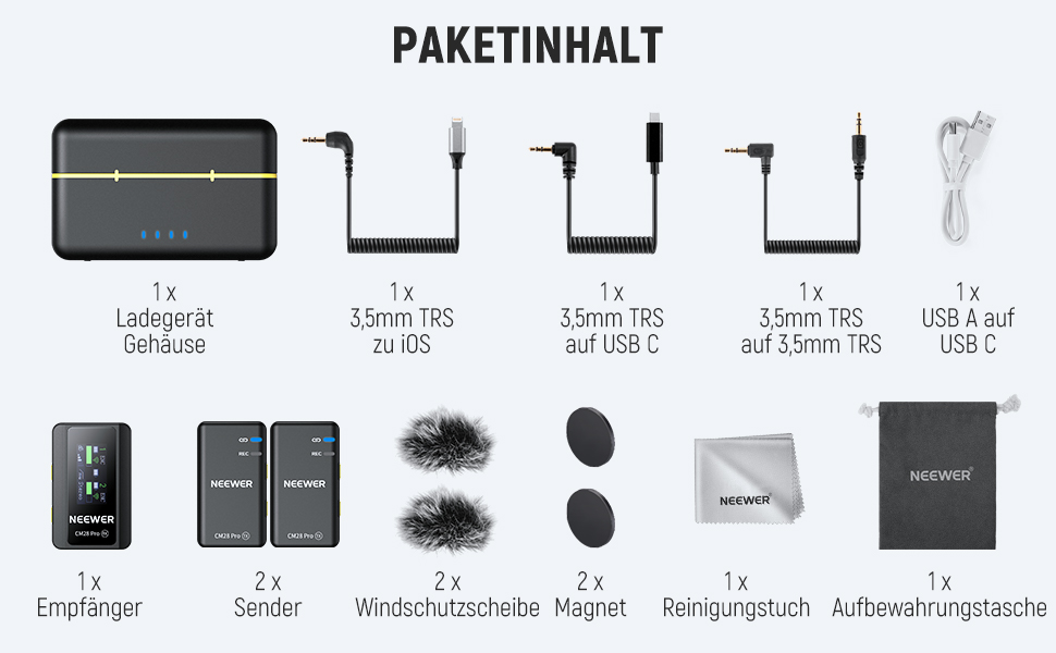 NEEWER CM28 Pro: Бездротове мікрофонний комплект (1RX+2TX) з кейсом для зарядки, 150м радіус дії, 48kHz/24Bit, шумозаглушення, сумісний з iPhone, iPad, Android, DJI, Insta360, PC, Mac