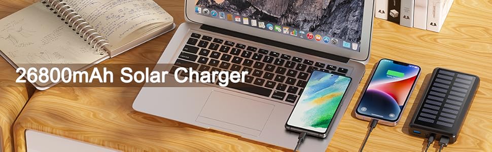 Power Bank 26800mAh USB-C Solar Powerbank PD 3.0A, Водонепроникний акумулятор з LED ліхтариком для iPhone/Samsung та кемпінгу, Чорний