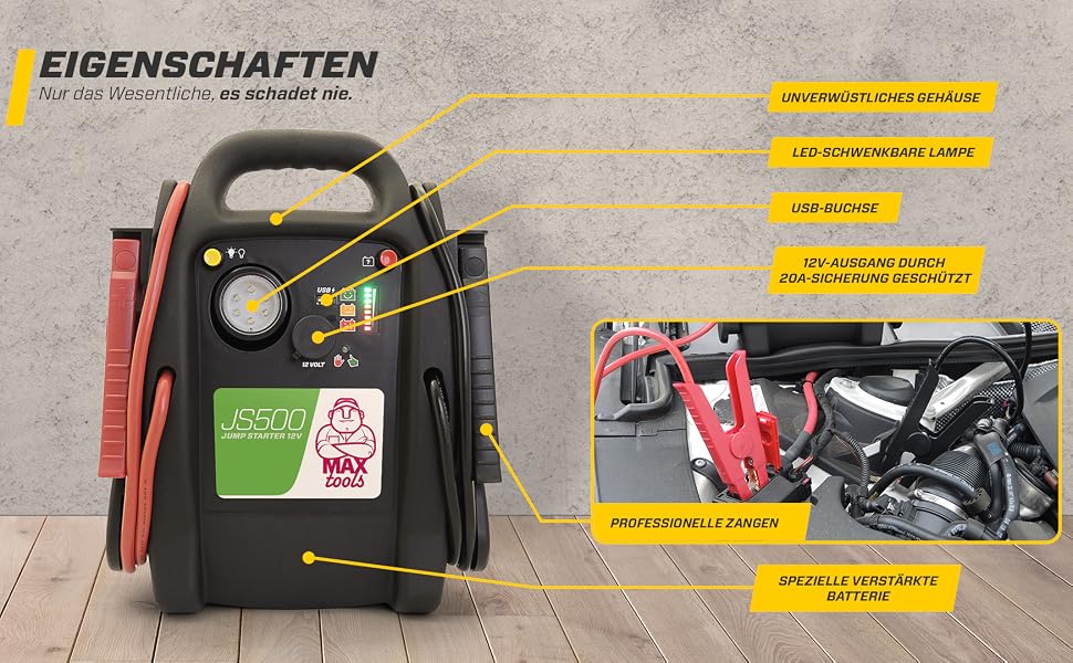 Бустер для авто MAXTOOLS JS500 2200A 22Ah — Пусковий пристрій (Jump Starter) для 12V дизельних та бензинових двигунів, Powerbank з LED-ліхтарем та USB