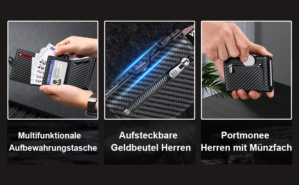 Чоловічий гаманець з відділенням для монет та RFID захистом, Slim Wallet Pop-up, гаманець для 9-11 карт, ID-вікно, відділення для грошей, Smart Wallet для чоловіків (карбон)
