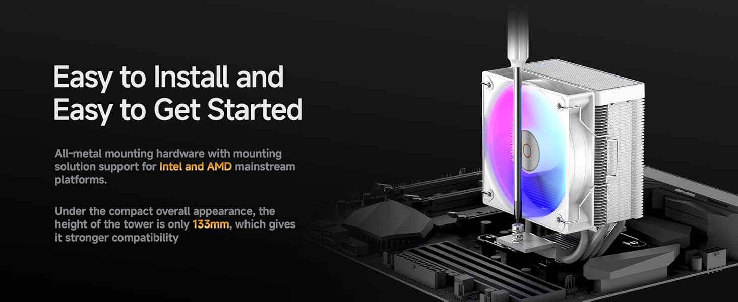 Кулер для CPU Gamma A40 WH ARGB з 4 тепловими трубками, 100мм PWM вентилятор, сумісний з Intel LGA 115X/1200/1700/1851 & AMD AM4/AM5