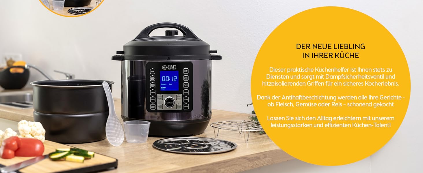 TZS First Austria Electric Pressure Cooker 6L | Multi-Cooker | 12 Programs Pressure Cooker | Rice Cooker | Steamer with Keep Warm Function, Grey-Black Stainless Steel Grey/Black