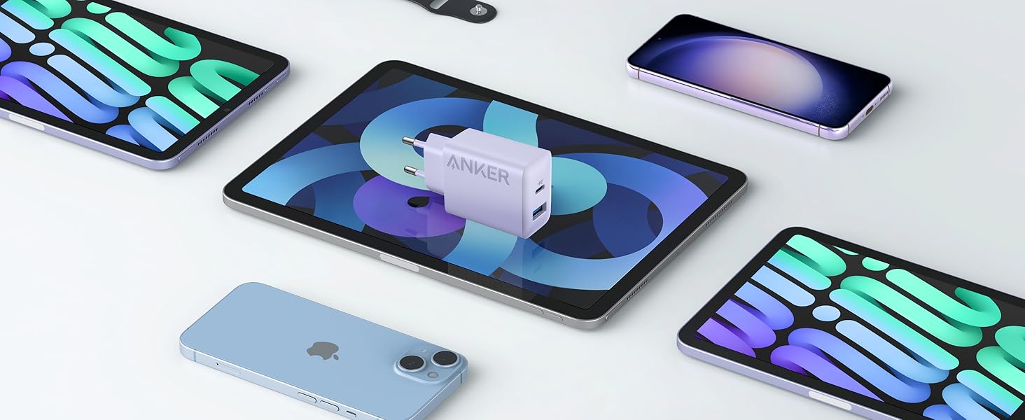 Зарядний пристрій Anker 20W USB-C, адаптер живлення для iPad, швидка зарядка, сумісний з iPhone 17/16/15 (з кабелем USB-C 150см), фіолетовий