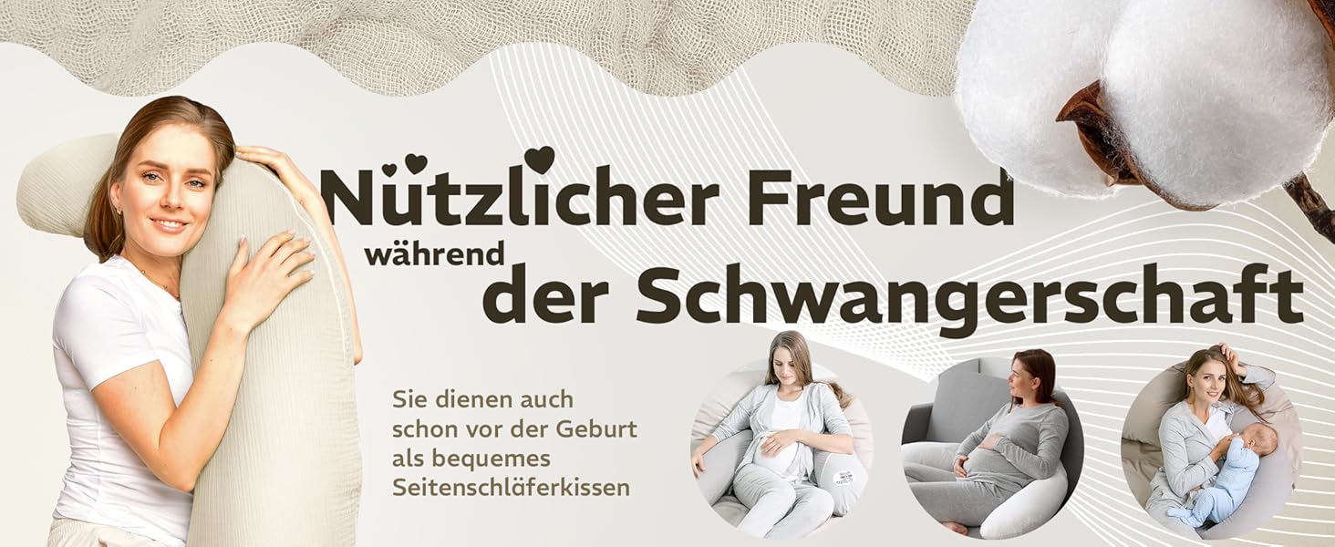 Подушка для годування sei Design XXL 190x30 см з мусліновою наволочкою, ергономічна, для вагітних, для сну на боці, комфортна подушка для дорослих, наволочка з 100% органічної бавовни муслін