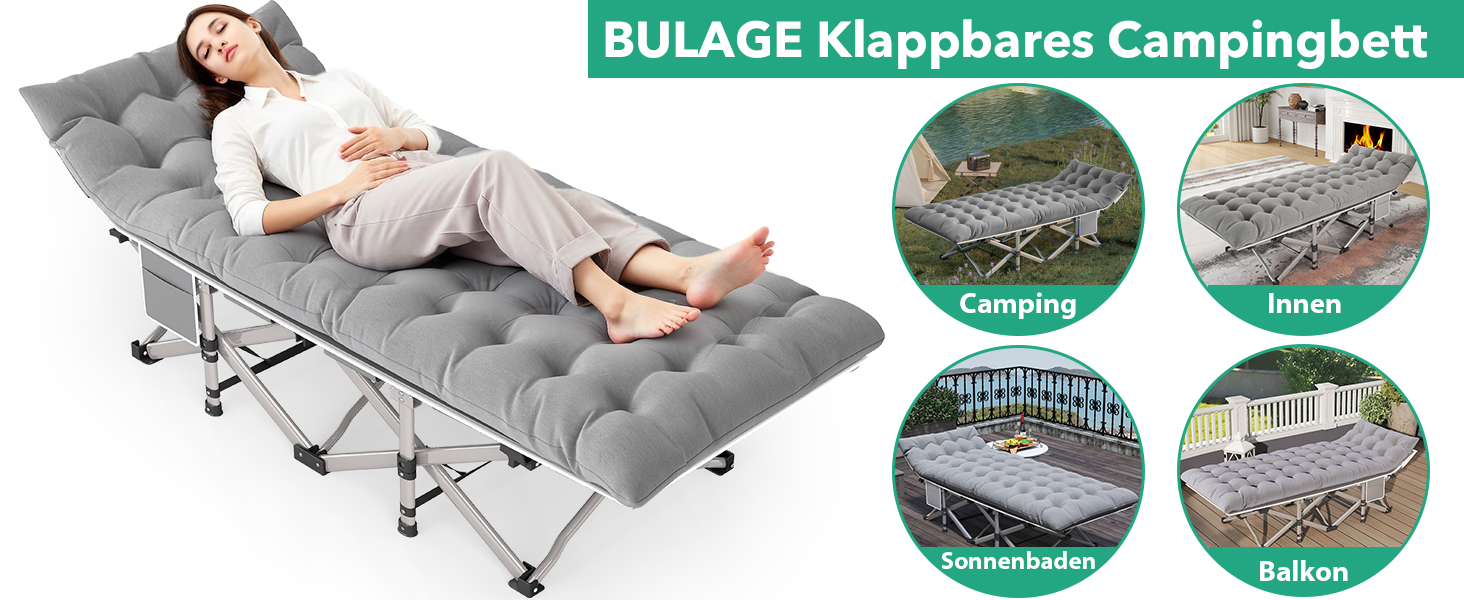 Розкладне ліжко Feldbett з матрацом, до 208 кг, сіре, XL 190x71x35 см - для кемпінгу, саду, пляжу, гостей