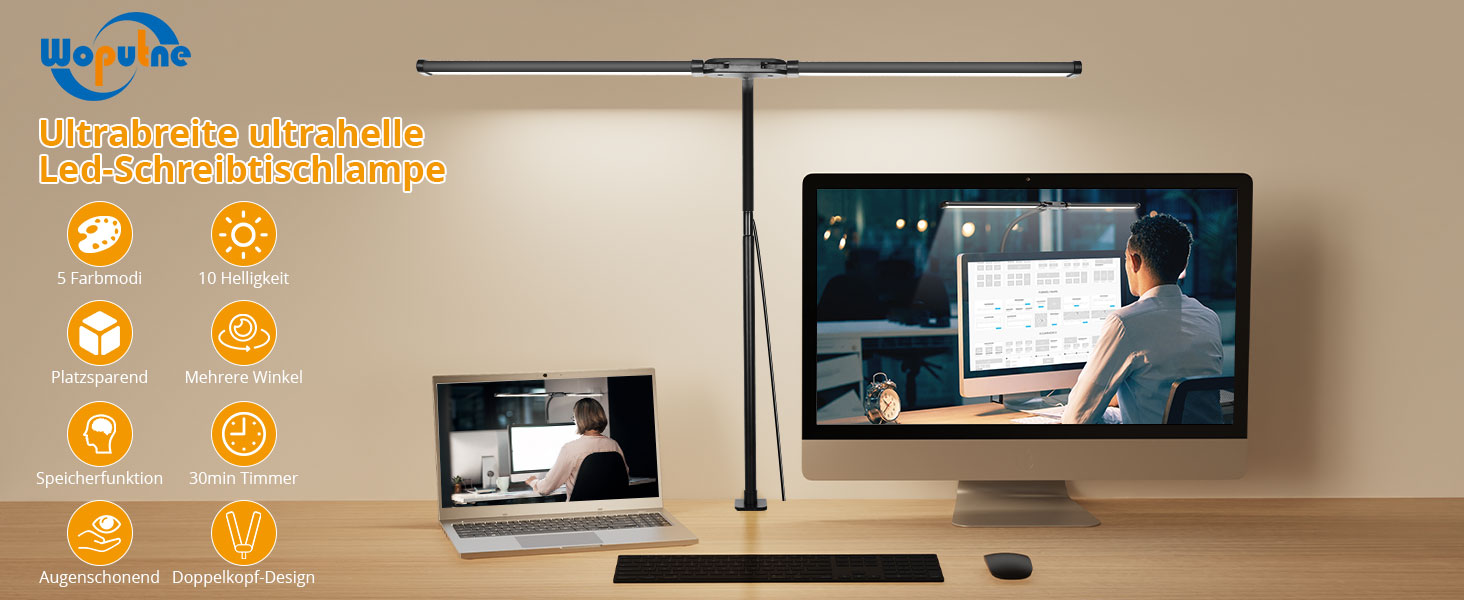 LED лампа настільна з двома головками, регулювання яскравості, 960 люмен, захист очей, 5 кольорів, 10 рівнів яскравості, для офісу та дому, чорна, 61 см