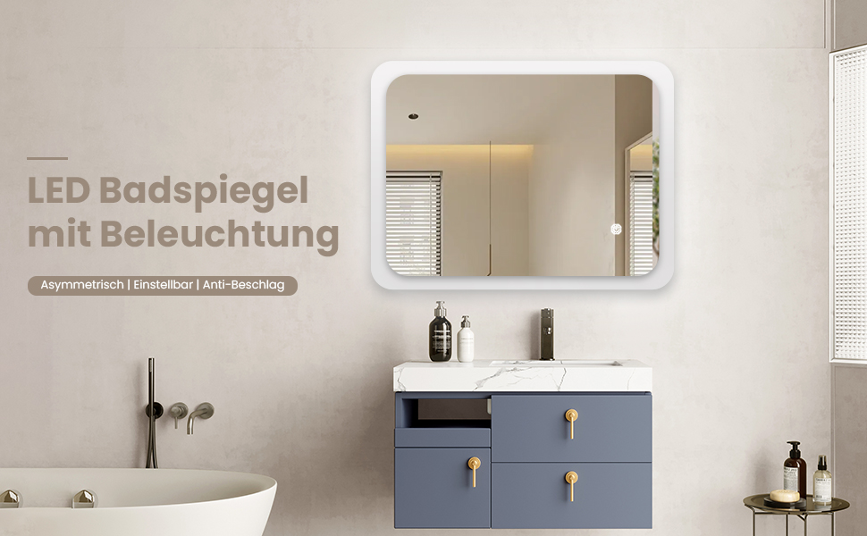 Дзеркало для ванної кімнати з підсвічуванням 70x50 см | LED дзеркало | IP54 вологостійке | Сенсорне управління | Настінне дзеркало | Горизонтальна/Вертикальна установка 6500K холодне біле світло