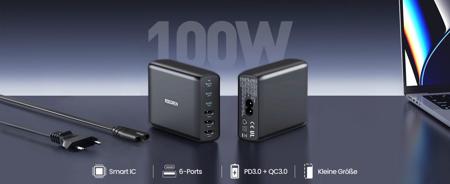 Зарядний пристрій Rocoren USB-C 100W PD3.0 QC4.0 PPS, 6 портів для MacBook Air, iPhone 15 Pro, iPad Pro, Galaxy S24/S23, Huawei - Швидка зарядка