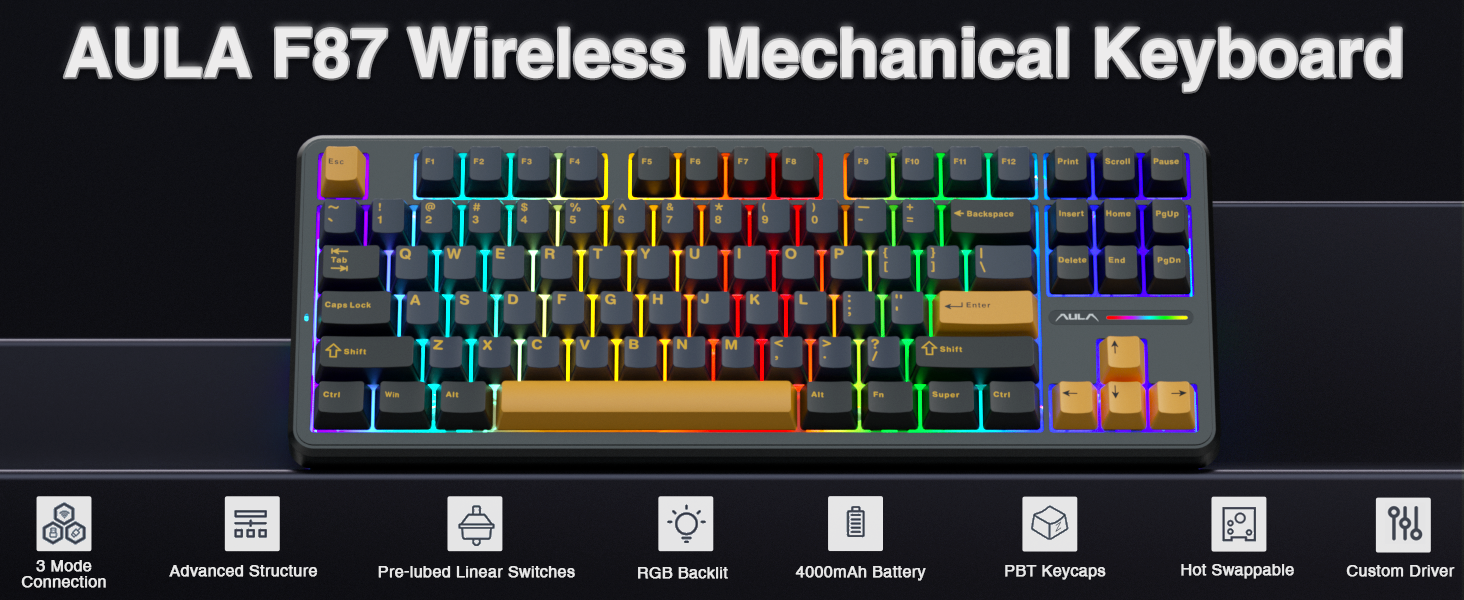 Ігрова механічна клавіатура AULA F87: бездротовий TKL, RGB, Hot-Swap, QWERTY, підтримка Bluetooth 5.0, п'ятишарове демпфування