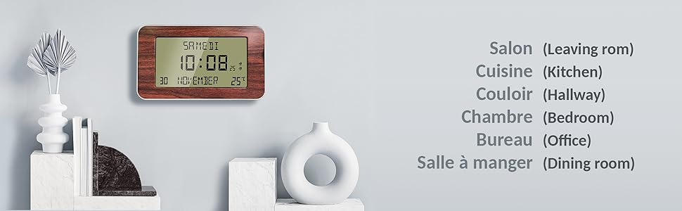 Цифровий настінний годинник-будильник FISHTEC з календарем, великою LED-індикацією, відображенням дати, дня, часу, температури, 2 будильниками, дерев'яний дизайн, 24x14 см