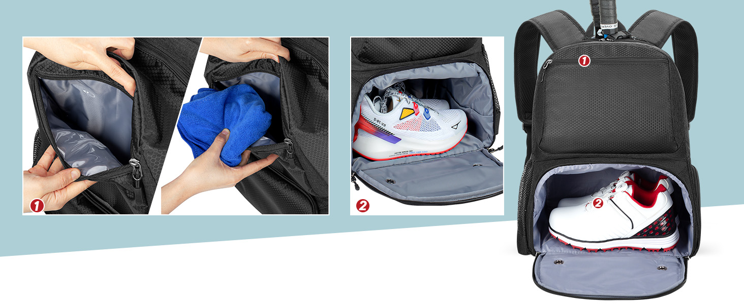 Рюкзак для тенісу DSLEAF з відділенням для взуття, сумка для 2 ракет, з підкладкою на плечах, чорний (для жінок та чоловіків)