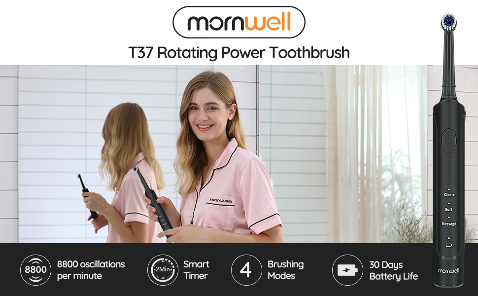 Електрична зубна щітка Mornwell ротаційна з 3 режимами, USB зарядка, 4 насадки, для дорослих та дітей (Чорна)