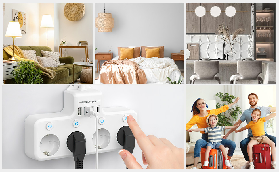Мережевий фільтр з USB, 4 розетки з індивідуальним вимикачем, 3 USB та 1 Type-C (5V 3.4A) для кухні, вітальні, спальні, офісу