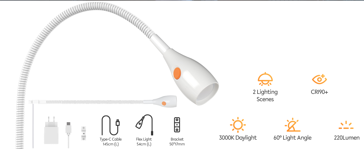 Світлодіодна настільна лампа Acegoo для читання з гнучким регульованим кронштейном (білий). Лампа для ліжка, настінна, диммована, 3000K, поворотна головка для спальні та книг.