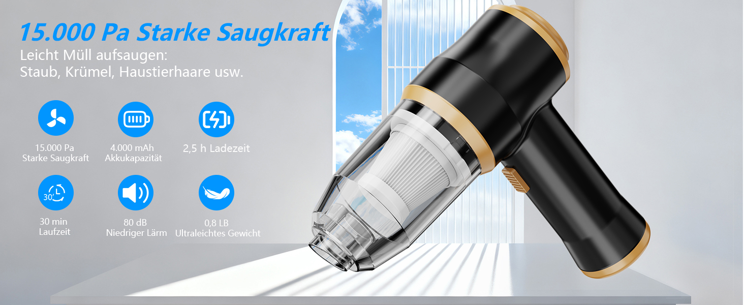 Автомобільний пилосос портативний бездротовий Mini-Auto-Staubsauger 15000 Pa з фільтрами для авто, дому, офісу та тварин (чорний)