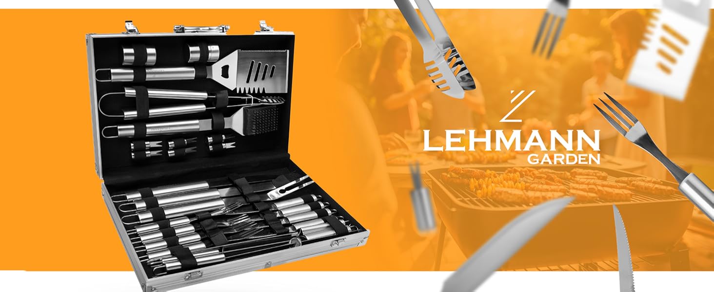 Набір гриль-посуду Lehmann LGAGA-YAN006 у металевому кейсі, 26 предметів, нержавіюча сталь, аксесуари для барбекю, преміум-якість, подарунок для чоловіків