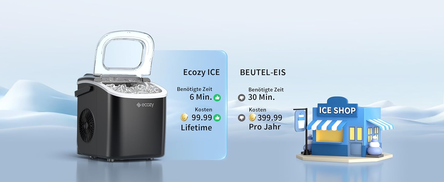 Машина для приготування льоду Ecozy - швидка та компактна, 9 кубиків за 6 хвилин, 12 кг/24 год, самоочищення, 2 розміри кубиків, для офісу, дому, бару та вечірки, чорний