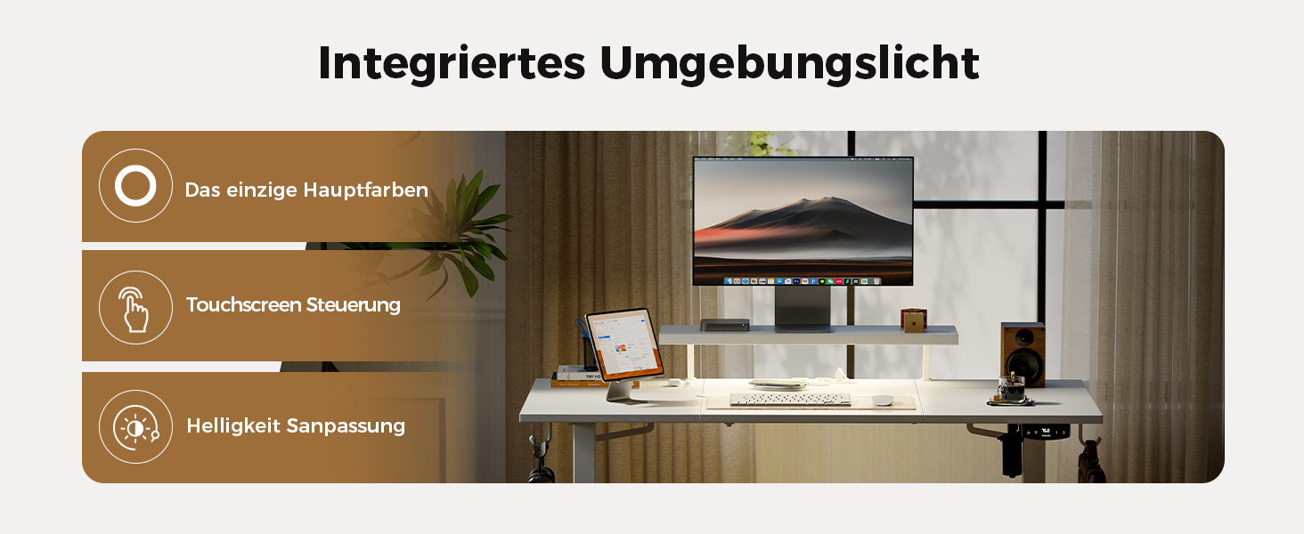 Електричний регульований стіл Agilestic 140x60 см з LED-підсвіткою, USB-портом та мобільним тримачем монітора, білий