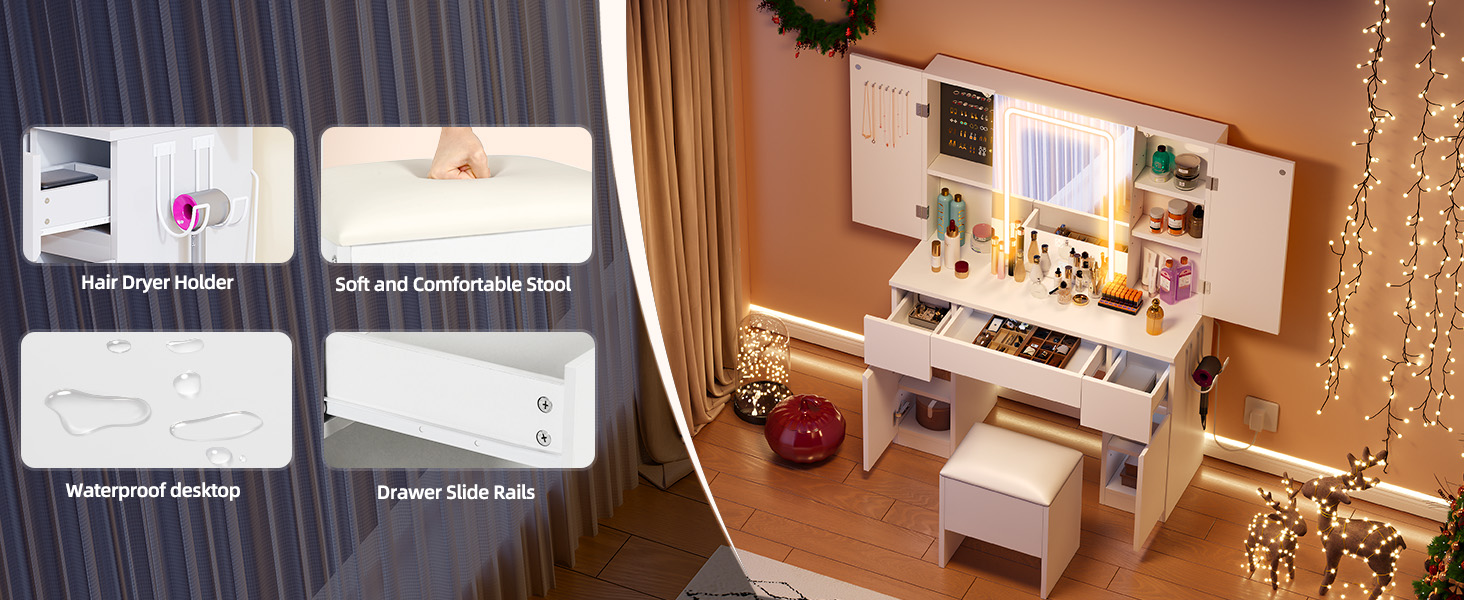 YITAHOME туалетний столик з LED підсвіткою, регульована яскравість, дзеркало з 3 дверцятами, 2 шухляди, сучасний білий косметичний стіл з полиць для прикрас, з пуфом