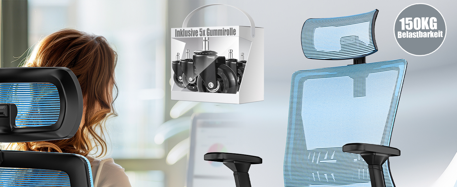 Офісне крісло KESSER® ергономічне з регульованими підлокітниками, підтримкою попереку та підголівником | Крісло для офісу з функцією гойдання до 125° та 5 колесами | Синій/Чорний