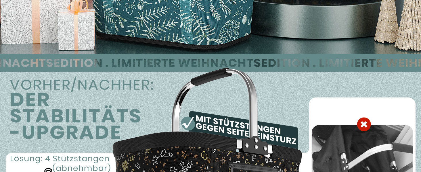 Складаний кошик для покупок на 30L з 4 стійками | Міцний кошик для перенесення та кошик для пікніка | Великий складаний кошик для сім'ї (46x27x25cm) | З м'якими ручками | Для покупок, подорожей, кемпінгу (30L, Чорний з новорічним принтом)