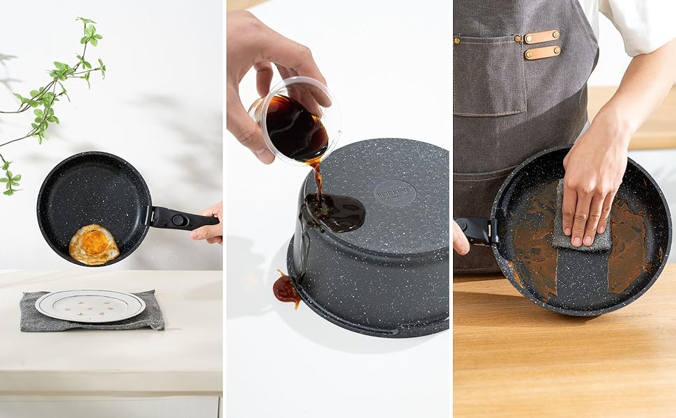 Набір посуду BOREINE 14 предметів: каструлі та сковороди з антипригарним гранітним покриттям (PFOA-free), знімні ручки, для всіх типів плит (індукція, склокераміка, газ, духовка), коричневий