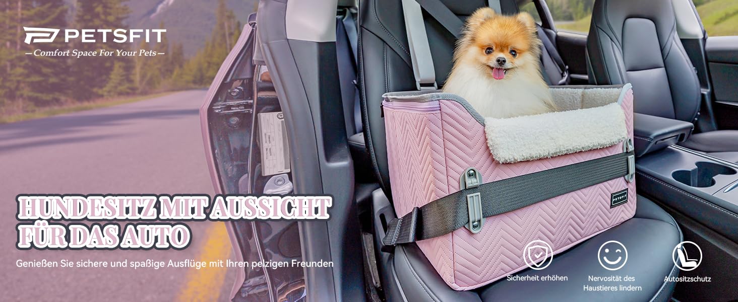 Автомобільний лежак для собак Petsfit - зручний та безпечний крісло-кошик для маленьких собак з кріпленням для ременя безпеки та знімним м'яким подушечкою (рожевий/сірий)
